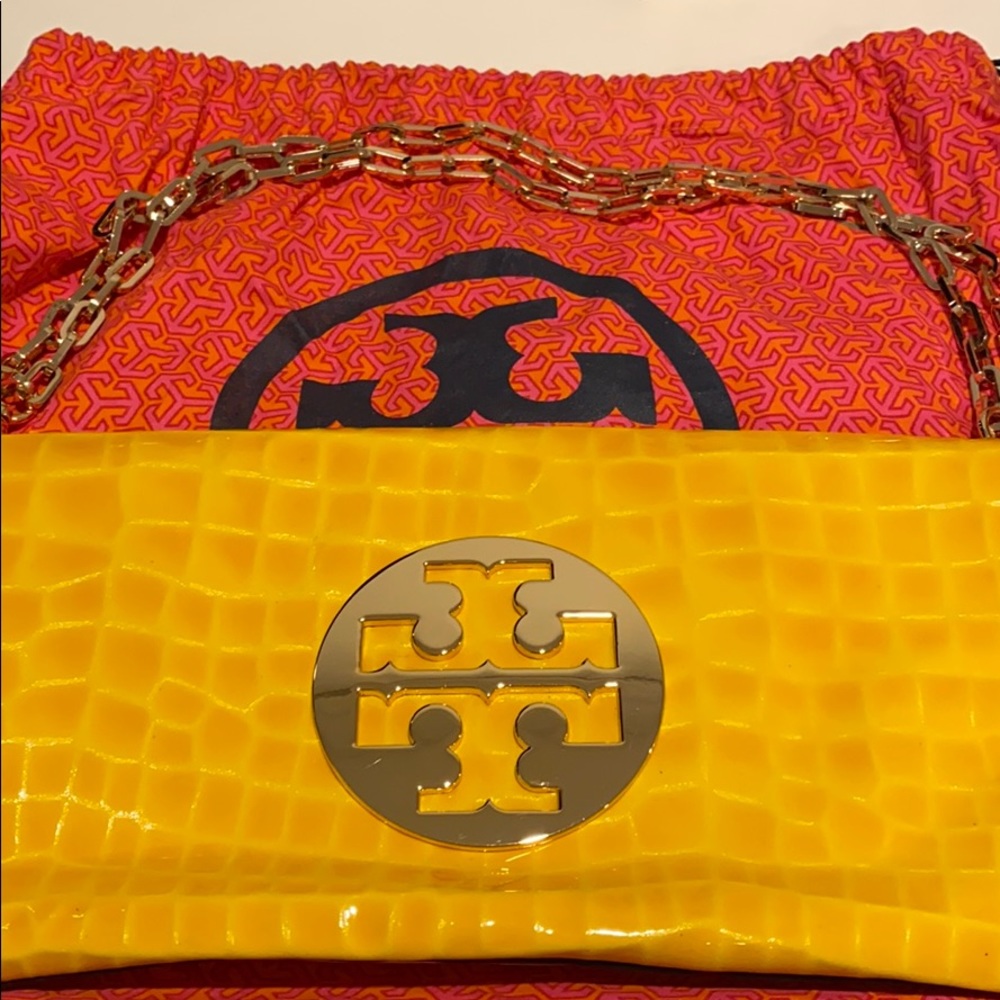 Tory Burch yellow patent crocodile bag